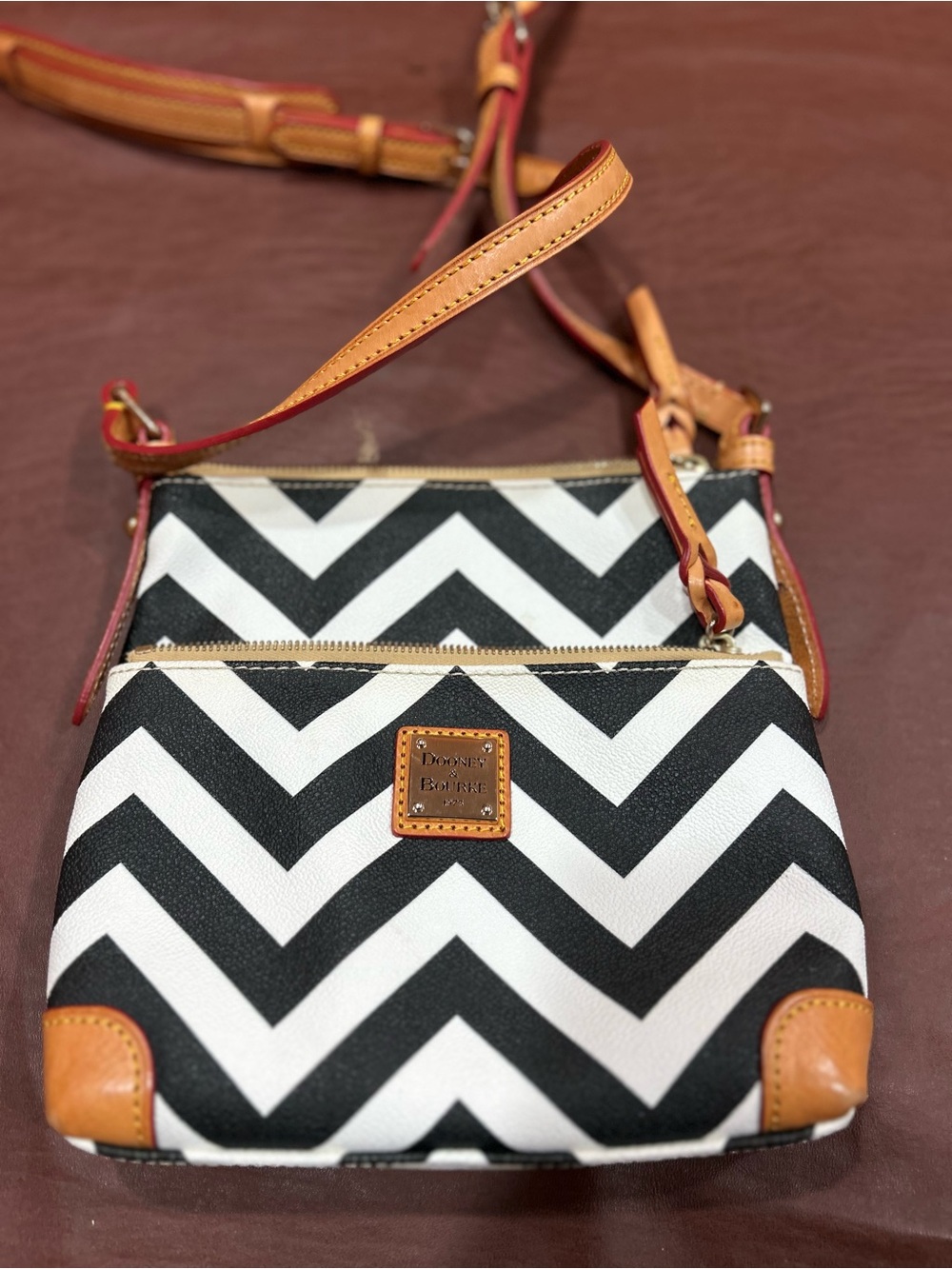 Dooney & Bourke Black & White Chevron Crossbody with Tan Trim